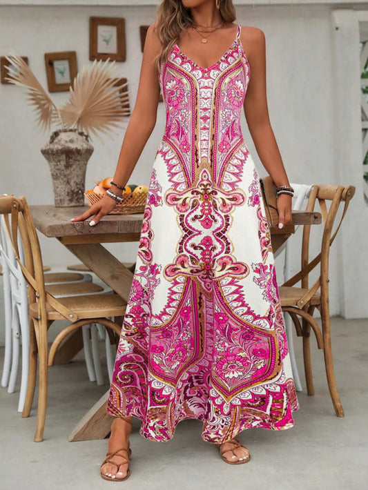 👗 60% RABATT! 💃 Retro-Print Maxikleid für Damen – Trägerlos mit V-Ausschnitt, Fließender Stoff & Perfekt für besondere Anlässe ✨