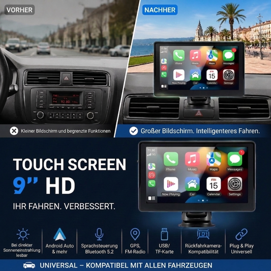 🚗 50% RABATT! 📱 9-Zoll CarPlay Multimedia – Drahtlos für Apple & Android, HD-Touchscreen & GPS – Rückfahrkamera-fähig für moderne Fahrzeuge ✨