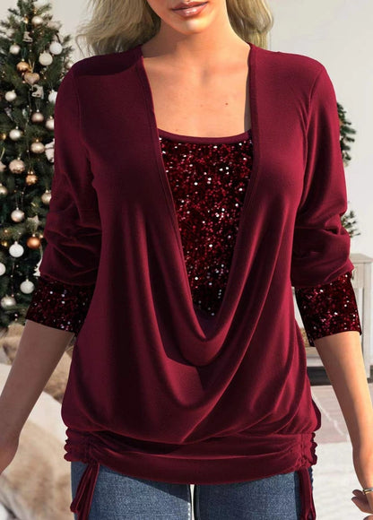 💜 LETZTER TAG VERKAUF: 60% RABATT! ✨ Pailletten Fake-Zweiteiler-Top – Elastisches Glitzerstoff-Design mit Raffung für festliche Anlässe 🎀📦