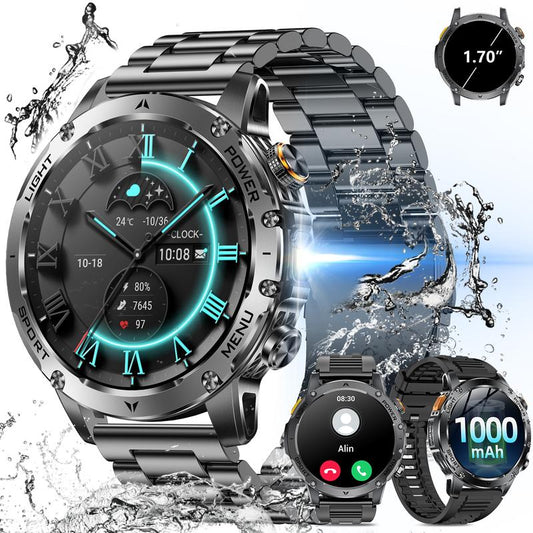 ⌚ 50% RABATT! 🏋️ Herren Smartwatch Militärstil – 1,7″ AMOLED, 1100mAh, IP68 & 110 Sportmodi – LED-Taschenlampe, Herzfrequenz & Schlafüberwachung 💪