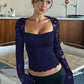 👚 60% RABATT! 🌸 Einfarbiges Damen-T-Shirt – Spitzenblumenmuster, Gesplittete Rüschen & Transparente Ärmel für Romantischen Look ✨