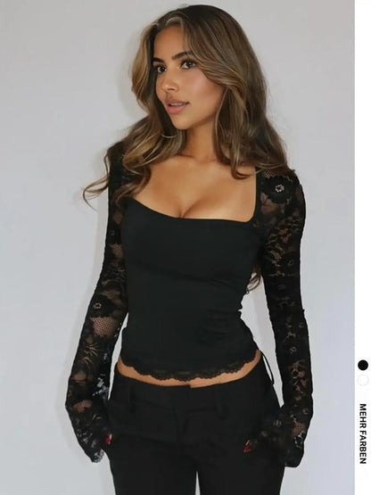 👚 60% RABATT! ✨ Einfarbiges Damen-T-Shirt – Spitzenblumenmuster, Gesplittete Rüschen & Transparente Ärmel Für Einen Romantischen Look 🌸