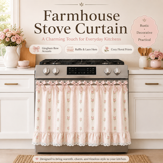 🏡 Save 50%! 🎀 Farmhouse Stove Curtain – Gingham bows & lace trim ✨