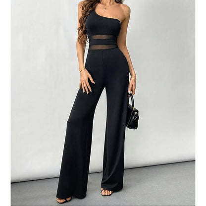 👗 50% RABATT! 🔥 One-Shoulder Jumpsuit mit Weitem Bein & Netzeinsatz – Figurbetont, Fließender Stoff & Perfekt Für Einen Modernen, Eleganten Look 💃
