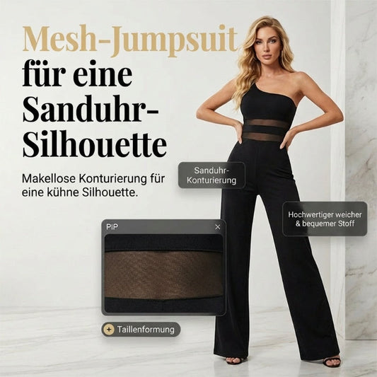 👗 50% RABATT! 🔥 One-Shoulder Jumpsuit mit Weitem Bein & Netzeinsatz – Figurbetont, Fließender Stoff & Perfekt Für Einen Modernen, Eleganten Look 💃