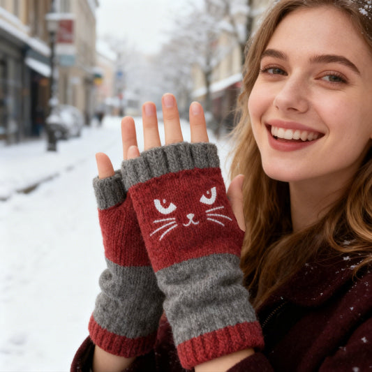 🧤 60% RABATT JETZT! 🐱 Strickhandschuhe mit Katzenmotiv - Weich & Fingerlos, Perfekt für Stil und Funktionalität im Winter ✨