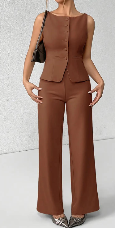 👗 50% RABATT! ✨ Damen Zweiteiler-Set – Einfarbiges Tanktop mit Knopfleiste & weit geschnittene Hose – Leicht, elegant & perfekt für Sommer, Strand oder besondere Anlässe 🔥