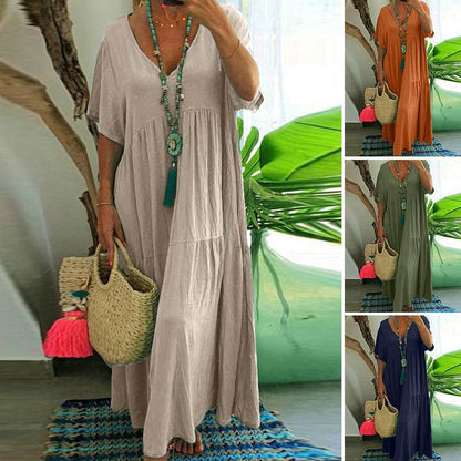 👗 50% RABATT! 🔥 Lässiges langes Damenkleid mit kurzen Ärmeln – Weich, luftig & vielseitig – Perfekt für warme Tage, Strand oder einen entspannten Look – bequemer Schnitt für den Alltag 🌸✨