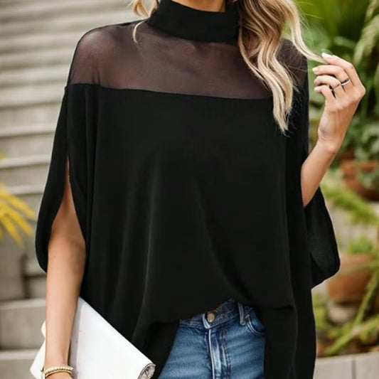 👗 50% RABATT! 🦇 Lässige Bluse mit Fledermausärmeln – Hochgeschlossen, transparentes Design & perfekt für Herbstlooks 🍂