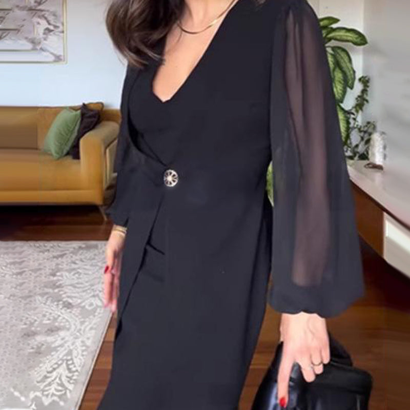 🥰👗Neues Jahr, neue Kleidung🥰Elegantes Kleid mit V-Ausschnitt und langen Laternenärmeln aus Mesh für Frauen-2