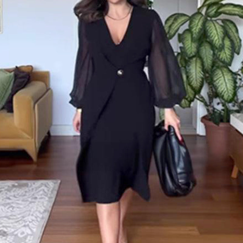 🥰👗Neues Jahr, neue Kleidung🥰Elegantes Kleid mit V-Ausschnitt und langen Laternenärmeln aus Mesh für Frauen-1