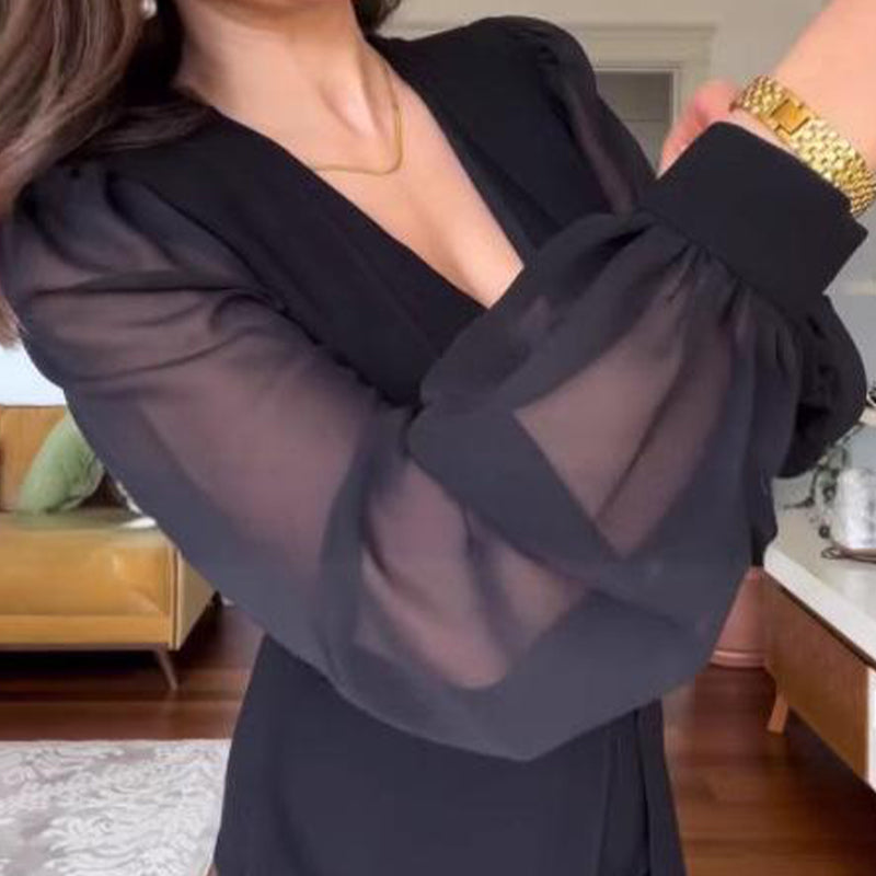 🥰👗Neues Jahr, neue Kleidung🥰Elegantes Kleid mit V-Ausschnitt und langen Laternenärmeln aus Mesh für Frauen-3