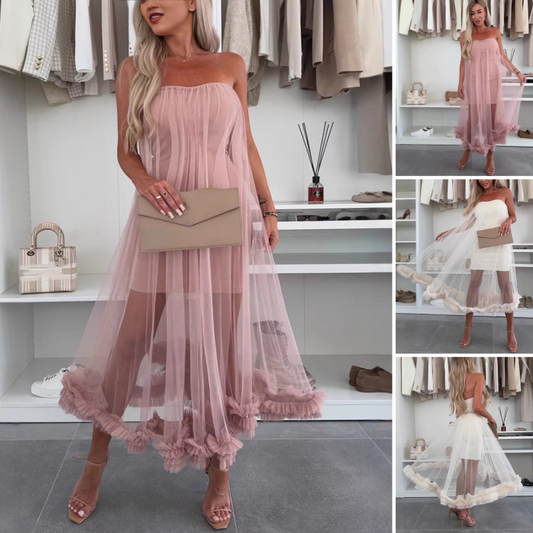 🌸✨Trägerloses Damen-Kleid mit Tüll-Schicht und Rüschenbesatz