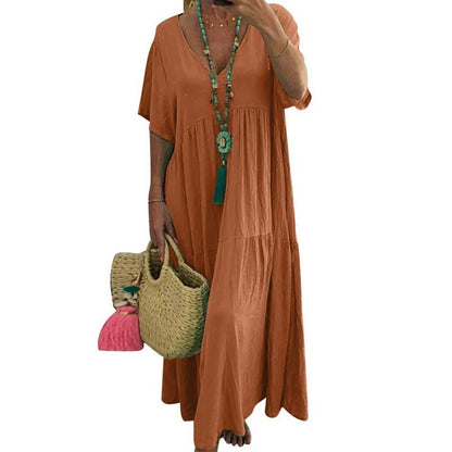 👗 60% RABATT! 🍃 Langes Baumwoll-Leinen-Kleid mit V-Ausschnitt – Lockerer Schnitt & figur schmeichelnd – Leicht, atmungsaktiv & ideal für den Sommer – mühelos eleganter Look 🌿✨