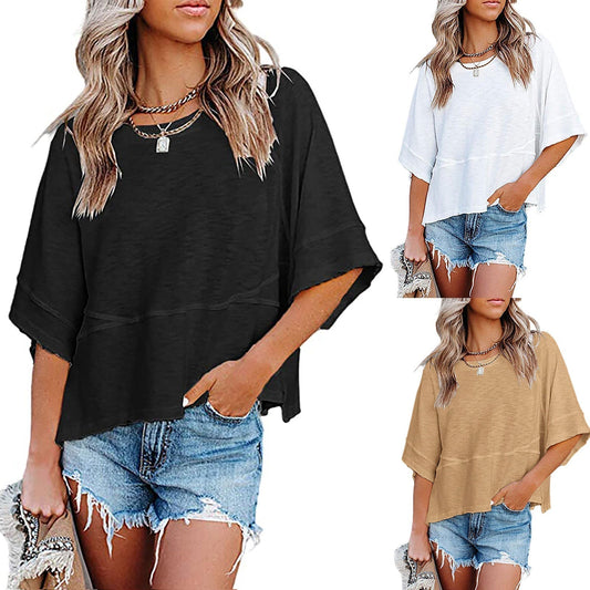 👕 50% RABATT! 🌸 Einfarbiges Patchwork-T-Shirt mit lockeren Trompetenärmeln – Luftiger Schnitt, weicher Stoff & perfekt für Frühling und Sommer – einzigartiger Ärmel-Look ✨