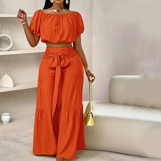 👚 60% RABATT! 👑 Damen Zweiteiliges Set – Schulterfreies Oberteil mit Puffärmeln & Weitbeinhose, Elegant & Perfekt für Sommer 🌸