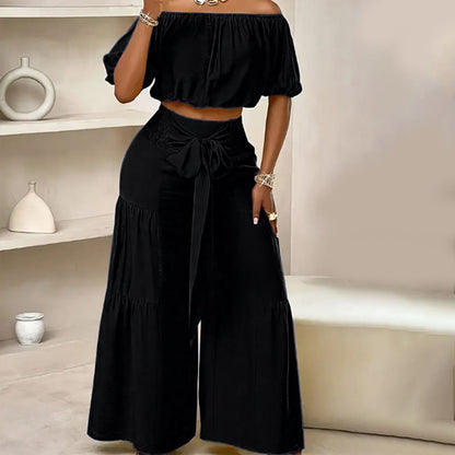 👚 60% RABATT! 👑 Damen Zweiteiliges Set – Schulterfreies Oberteil mit Puffärmeln & Weitbeinhose, Elegant & Perfekt für Sommer 🌸