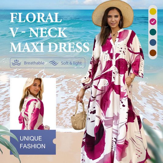👗 50% RABATT! 🌸 Maxi-Blumenkleid für Damen mit V-Ausschnitt – Fließender Stoff, romantisches Design & perfekt für den Sommer ☀️