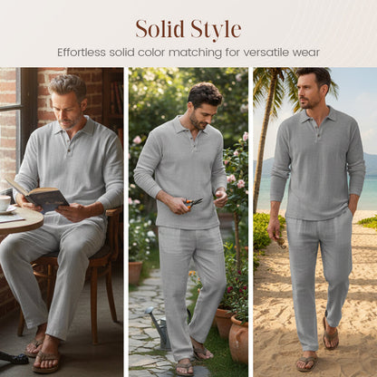 👕 60% RABATT! 🌞 Herren 2-teiliger Freizeit-Set – Leinen Polo-Shirt mit Langen Ärmeln & Lange Hose, Atmungsaktiv & Perfekt für Frühling & Sommer 🌿