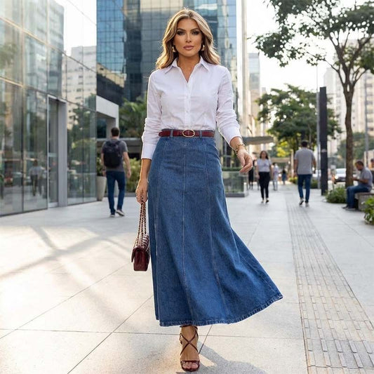 👗 60% RABATT! ✨ Damen-Maxirock aus Denim mit Hoher Taille – A-Linien-Schnitt, Dehnbarer Komfort & Vielseitiger Style 👖
