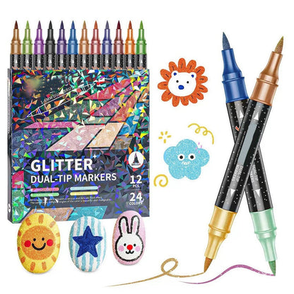 🎨 50% RABATT! ✨ 24-Farben Dual-Tip Glitzer-Marker Set – Glitter & Fine Tip, Lebendige Farben & Perfekt Für Kunst, Basteln & Handlettering 🖌️
