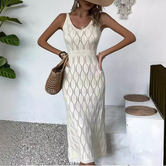 👗 60% RABATT! 💃 Elegantes Kleid mit V-Ausschnitt & Pointelle-Strickmuster – 2026 Neu – Zartes Lochmuster, Schmeichelnde Passform & Vielseitig ✨