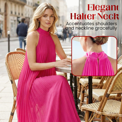 👗 50% RABATT! ☀️ Damen-Maxikleid mit Neckholder – Plissee, fließender Schnitt & elegant für besondere Anlässe 🌊