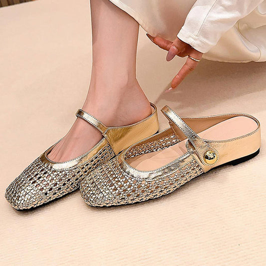 👡 60% RABATT! ✨ Damen-Mules aus Gewebtem Material – Eckige Spitze, Mary-Jane-Verschluss & Bequemer Schlupfstil 🌸