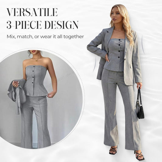 👚 50% RABATT! ✨ Damen 3-teiliges Hosenanzug-Set mit Schlaghose – Blazer, Crop Top & Modische Schlaghose 💃