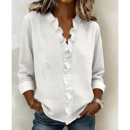 👚 50% RABATT! 💃 Damenbluse mit Rüschen, V-Ausschnitt & Langen Ärmeln – Romantisches Design, Weicher Stoff & Vielseitig 🌸