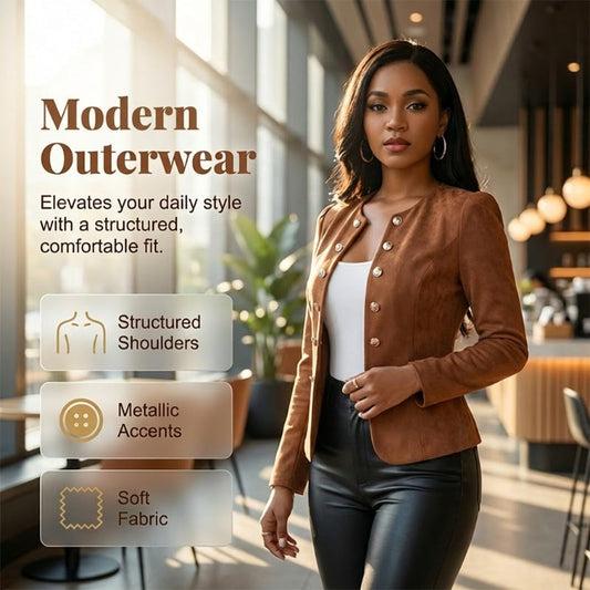 🧥 50% RABATT! 🌞 Damen kragenlose Kunstwildleder-Jacke – Kurze Silhouette & samtige Textur – Weich, elegant & perfekt für Frühlingstage, Büro oder lässige Ausflüge ✨