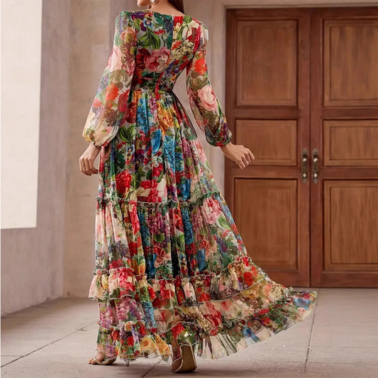 👗 60% RABATT! 🌸 Romantisches Blumenkleid mit V-Ausschnitt & Laternenärmeln – Elegant, Fließend & Perfekt Für Besondere Anlässe ✨