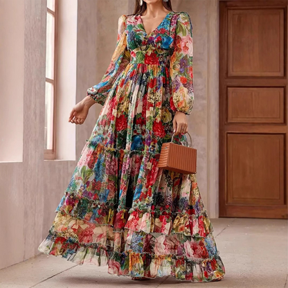 👗 60% RABATT! 🌸 Romantisches Blumenkleid mit V-Ausschnitt & Laternenärmeln – Elegant, Fließend & Perfekt Für Besondere Anlässe ✨