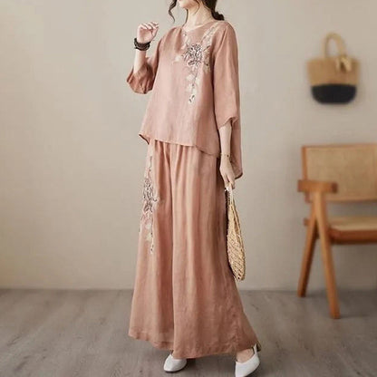 👚 60% RABATT! 🌸 Vintage-Stickerei Set – Atmungsaktives Baumwoll-Leinen, 3/4-Ärmel & Weite Hose Für Einen Eleganten Look 💃