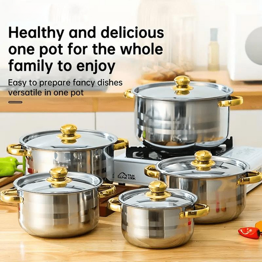 🍳 50% RABATT! 🔥 5-teiliges Kochset – Robuster Edelstahl, Glasdeckel & Elegante Gold-Akzente für Eine Stilvolle Küche ✨