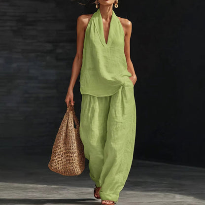 👚 50% RABATT! 🔥 Zweiteiliges Damen-Set mit Neckholder-Ausschnitt – Fließender Stoff, Leichte Passform & Perfekt Für Einen Eleganter Sommerlook 💃