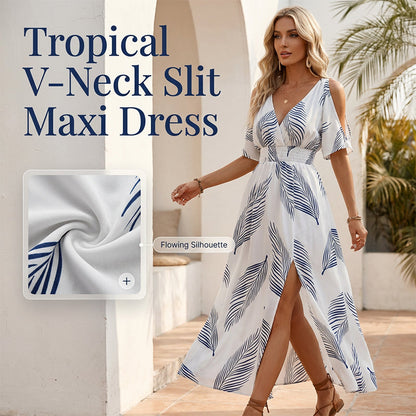 👗 50% RABATT! 🌴 Tropen-Print Kleid mit V-Ausschnitt & Gehschlitz – Leicht, luftig & perfekt für Strand, Urlaub oder heiße Tage – Ein sommerlicher Hingucker mit lässiger Eleganz ☀️✨