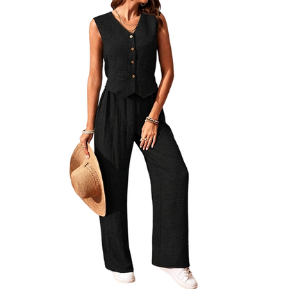 👗 50% RABATT! 🏆 Damen ärmellose Weste & weites Bein Hosen Set – Fließender Stoff, stilvoll & perfekt für Sommer, Hochzeit oder besondere Anlässe – mühelos elegant 🔥