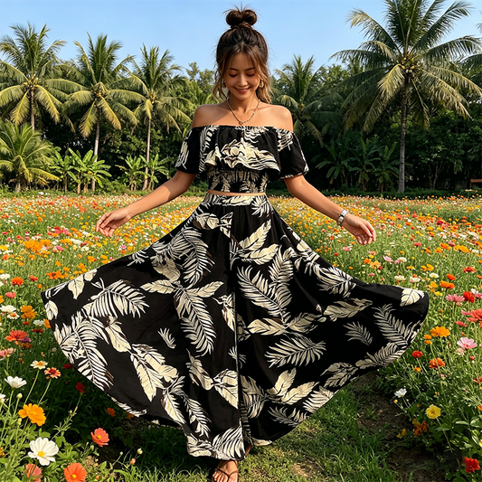 👚 50% RABATT! 🌴 Damen Zweiteiliges Set mit Tropenblatt-Print & Off-Shoulder-Top – Leichter Stoff, Lässiger Schnitt & Perfekt Für Einen Modischen Sommerlook 💃