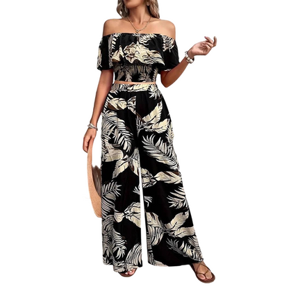 👚 50% RABATT! 🌴 Damen Zweiteiliges Set mit Tropenblatt-Print & Off-Shoulder-Top – Leichter Stoff, Lässiger Schnitt & Perfekt Für Einen Modischen Sommerlook 💃