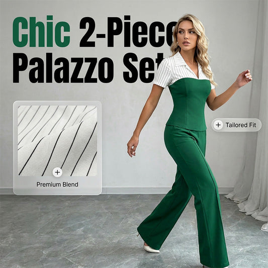 👚 50% RABATT! ✨ Elegantes 2-teiliges Set: Gestreiftes Revers-Top & Palazzo-Hose – Stilvoll, luftig & perfekt für Büro und besondere Anlässe 🌸