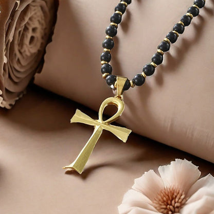 💎 50% RABATT! ✝️ Vintage Kreuzanhänger-Halskette mit Hämatitperlen – Mystisch, elegant & perfekt als individuelles Statement ✨