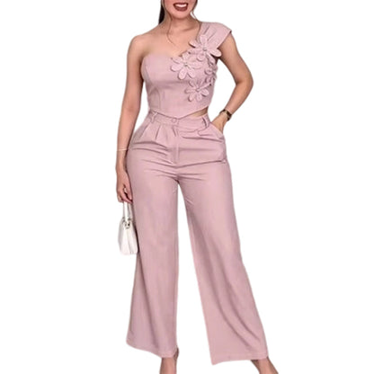 👗 50% RABATT! 🌸 Elegantes One-Shoulder Blumen-Top & Weithosen-Set – Fließend, feminin & perfekt für Hochzeiten, Partys und Sommerurlaube 🌊