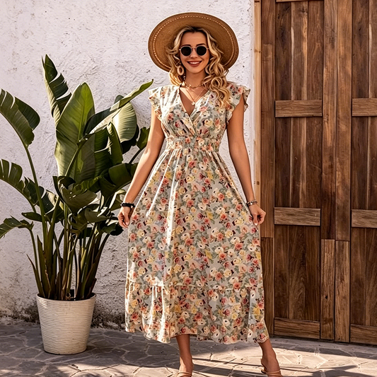 👗 50% RABATT! 🌸 Blumenkleid mit Gummizug – V-Ausschnitt, locker & bequem – Leicht, luftig & perfekt für Sommer, Strand oder entspannte Tage ☀️