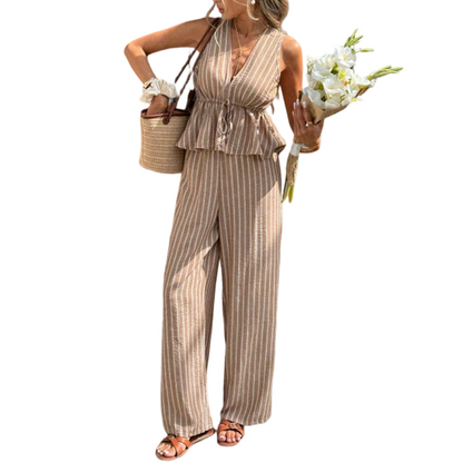 👕 50% RABATT! ✨ Set aus gestreiftem Damen-Top mit V-Ausschnitt & weiter Hose – Leicht, bequem & stylisch – Perfekt für Alltag, Urlaub & heiße Tage 🌴