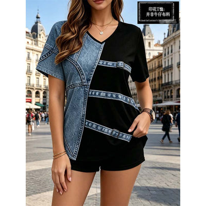 👚 50% RABATT! ✨ Damen-T-Shirt mit V-Ausschnitt & schickem Denim-Print – Leicht, atmungsaktiv & vielseitig – perfekt für Alltag, Freizeit oder lässige Bürotage – kombiniert lässigen Denim-Look mit bequemem Jersey-Stoff 🧵