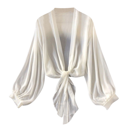🧥 50% RABATT! 💥 Damen leichter Chiffon Vorne-Knoten Cardigan – Ballonärmel & transparent – Perfekt für Layering, Strand oder laue Sommerabende – stilvoll und vielseitig 🌸✨