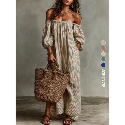👗 60% RABATT! 🎁 Damen schulterfreies Maxi-Kleid mit Laternenärmeln – Romantisch & luftig – Perfekt für Sommer, Beachpartys oder elegante Abende – femininer Look mit viel Bewegung 🌸✨