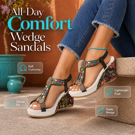 👡 50% RABATT! 🌸 Damen Vintage Boho Keilsandalen – Leichte Keilsohle & verstellbare Riemen – Perfekt für Sommer, Strand oder einen boho-chic Look – bequem & stilvoll ☀️✨🌿
