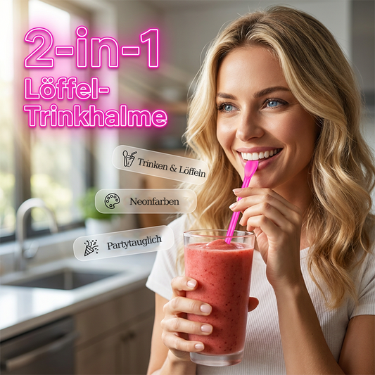 🥄 50% RABATT! 🧋 2-in-1 Löffel-Trinkhalme – Esslöffel & Trinkhalm in einem, BPA-frei & wiederverwendbar – Perfekt für unterwegs, Picknick & Kinder 🍹